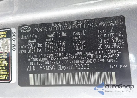 2007 Hyundai Santa Fe Gls from USA, damaged, VIN 5NMSG13D67H120906